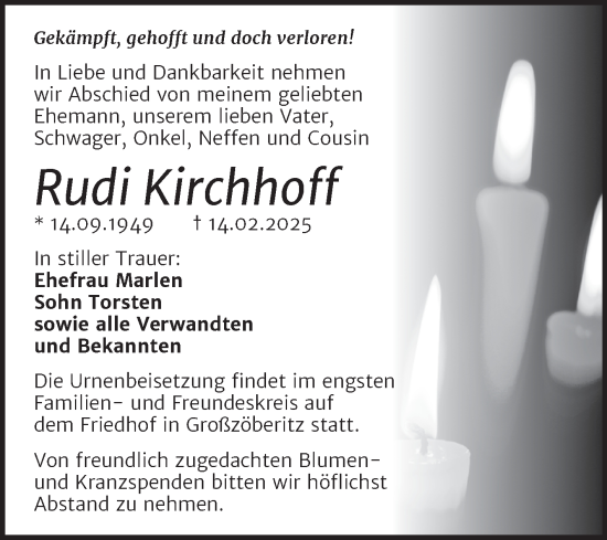 Traueranzeige von Rudi Kirchhoff von Trauerkombi Bitterfeld
