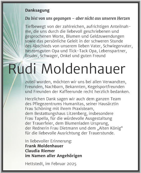 Traueranzeige von Rudi Moldenhauer von Trauerkombi Mansfelder Land