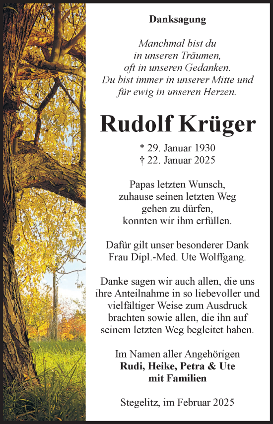 Traueranzeige von Rudolf Krüger von Volksstimme Burg/Genthin