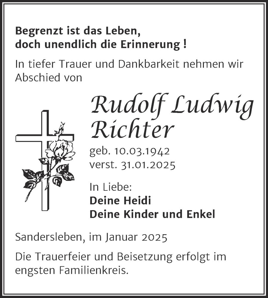  Traueranzeige für Rudolf Ludwig Richter vom 08.02.2025 aus Trauerkombi Mansfelder Land