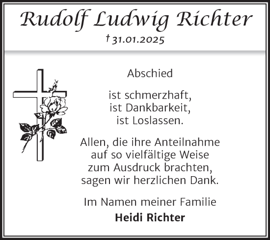 Traueranzeige von Rudolf Ludwig Richter von Trauerkombi Mansfelder Land
