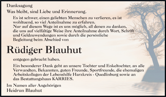 Traueranzeige von Rüdiger Blauhut von Trauerkombi Quedlinburg