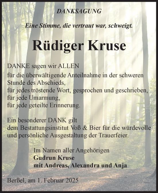 Traueranzeige von Rüdiger Kruse von Volksstimme Halberstadt