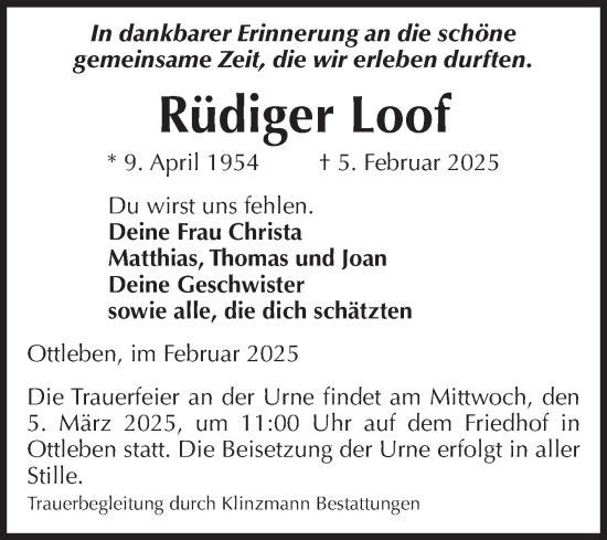Traueranzeige von Rüdiger Loof von Volksstimme Oschersleben/Wanzleben