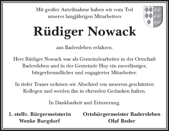 Traueranzeige von Rüdiger Nowack von Volksstimme Halberstadt