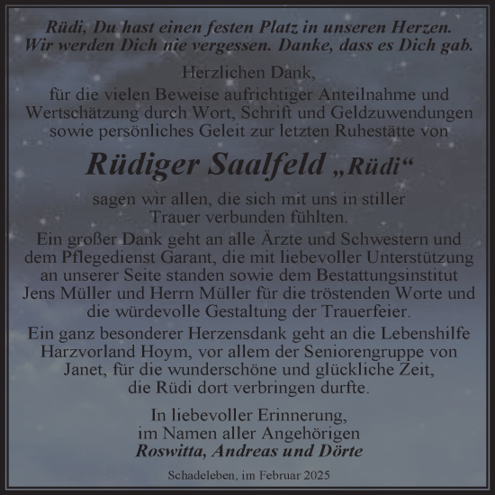 Traueranzeige von Rüdiger Saalfeld von Trauerkombi Aschersleben