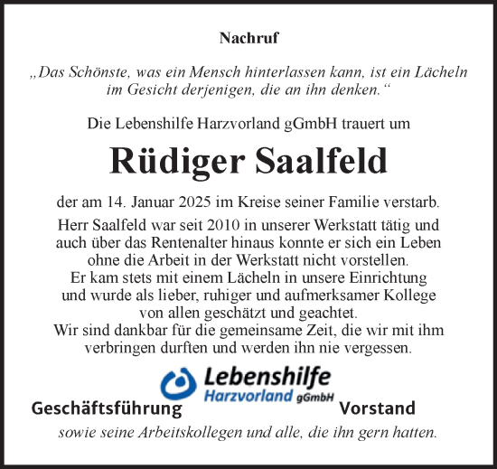 Traueranzeige von Rüdiger Saalfeld von Super Sonntag Aschersleben