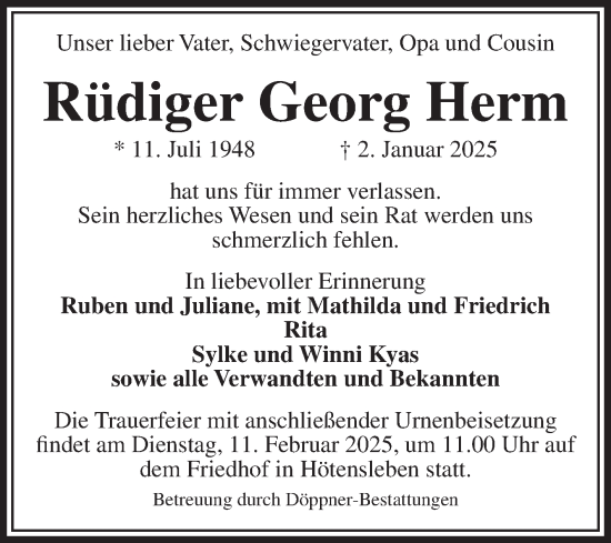 Traueranzeige von Rüdiger Georg Herm von Volksstimme Oschersleben/Wanzleben