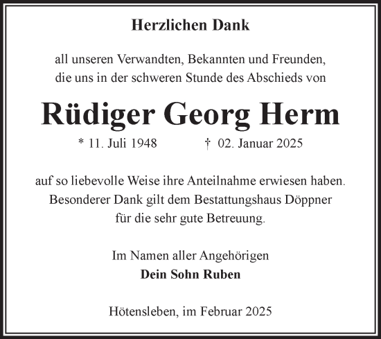 Traueranzeige von Rüdiger Georg Herm von Volksstimme Oschersleben/Wanzleben