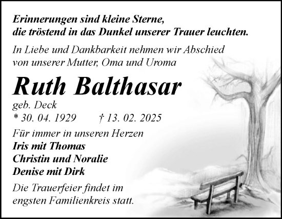 Traueranzeige von Ruth Balthasar von Naumburger Tageblatt