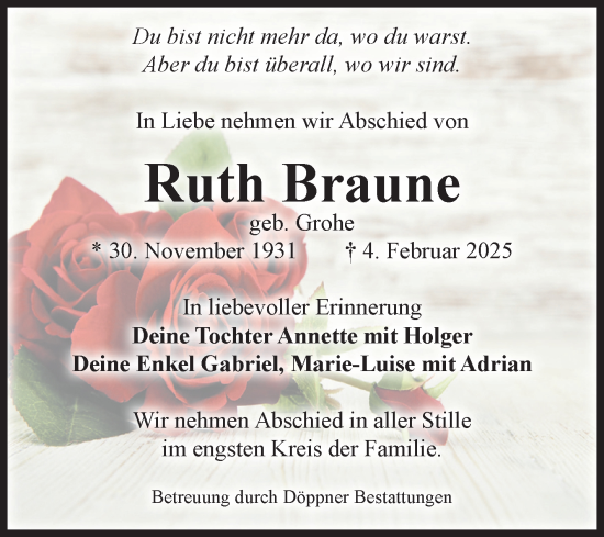 Traueranzeige von Ruth Braune von Volksstimme Oschersleben/Wanzleben