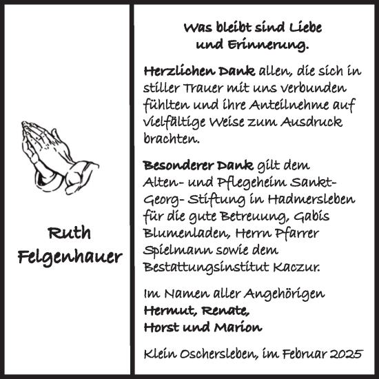 Traueranzeige von Ruth Felgenhauer von Volksstimme Oschersleben/Wanzleben