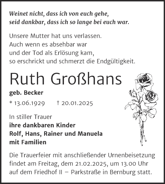 Traueranzeige von Ruth Großhans von Trauerkombi Bernburg
