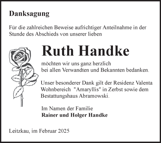Traueranzeige von Ruth Handke von Volksstimme Zerbst