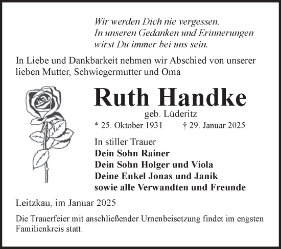 Traueranzeige von Ruth Handke von Volksstimme Zerbst