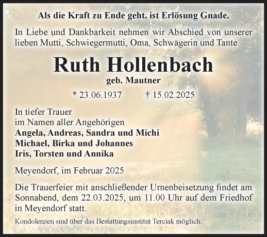 Traueranzeige von Ruth Hollenbach von Volksstimme Oschersleben/Wanzleben