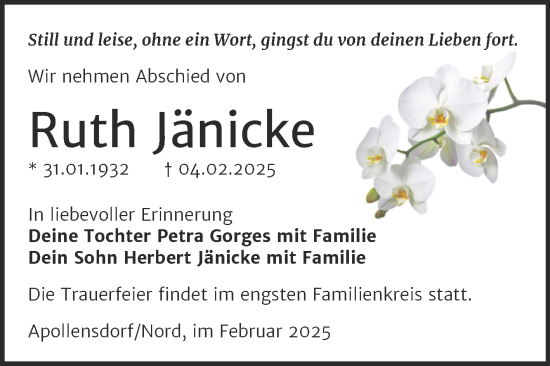 Traueranzeige von Ruth Jänicke von Trauerkombi Wittenberg