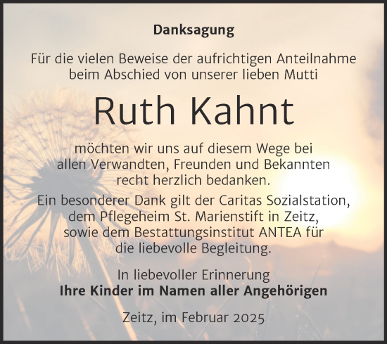 Traueranzeige von Ruth Kahnt von Trauerkombi Zeitz