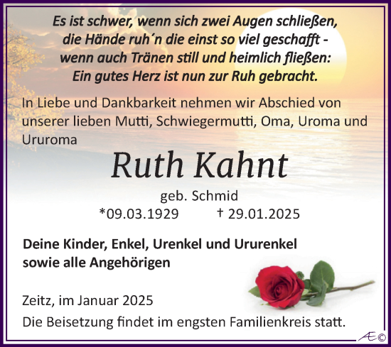 Traueranzeige von Ruth Kahnt von Trauerkombi Zeitz