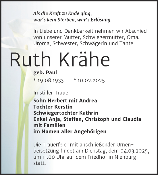 Traueranzeige von Ruth Krähe von Trauerkombi Bernburg