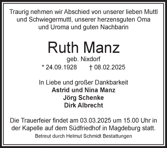 Traueranzeige von Ruth Manz von Volksstimme Magdeburg