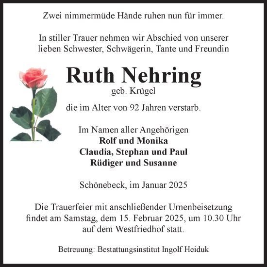 Traueranzeige von Ruth Nehring von Volksstimme Schönebeck