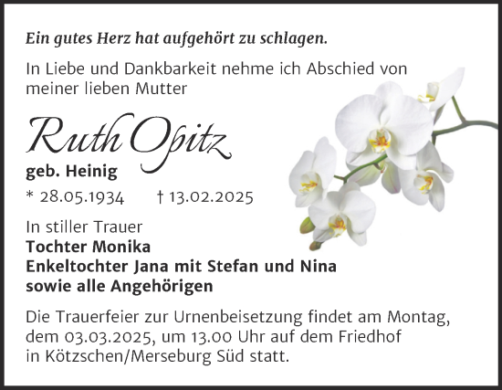 Traueranzeige von Ruth Opitz von Trauerkombi Merseburg