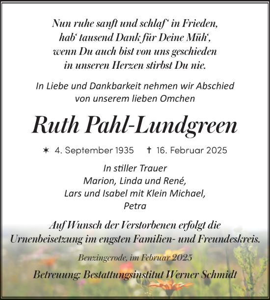 Traueranzeige von Ruth Pahl-Lundgreen von Volksstimme Wernigerode