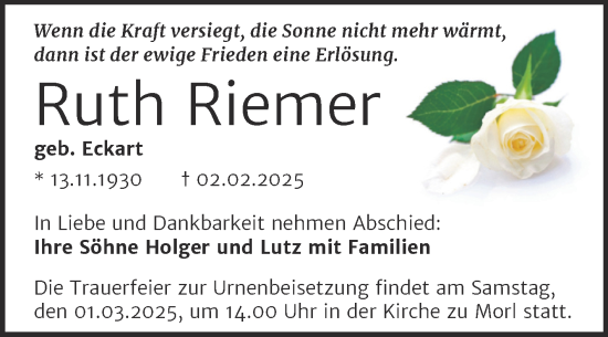 Traueranzeige von Ruth Riemer von Mitteldeutsche Zeitung Halle/Saalkreis