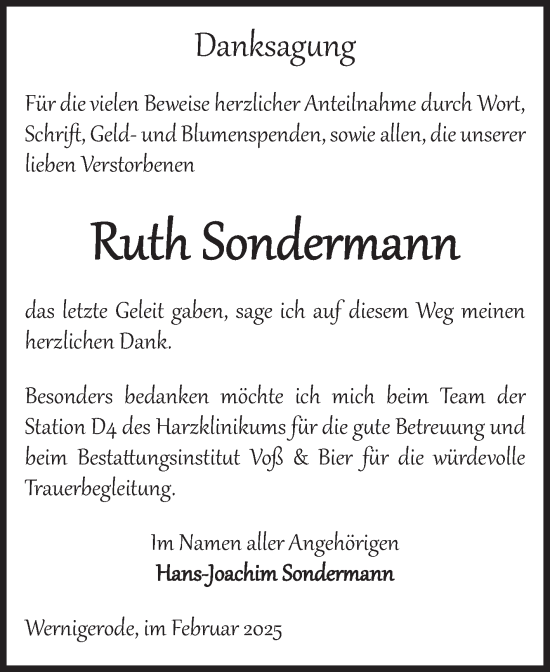 Traueranzeige von Ruth Sondermann von Volksstimme Wernigerode