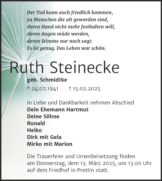 Traueranzeige von Ruth Steinecke von Trauerkombi Wittenberg