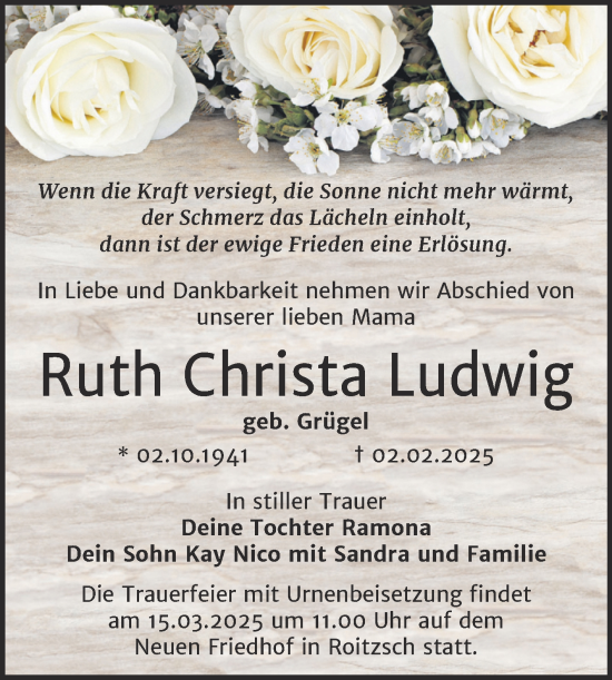Traueranzeige von Ruth Christa Ludwig von Trauerkombi Bitterfeld