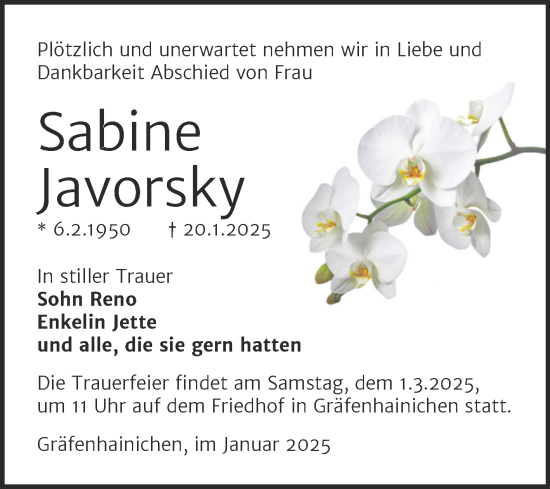 Traueranzeige von Sabine Javorsky von Trauerkombi Wittenberg