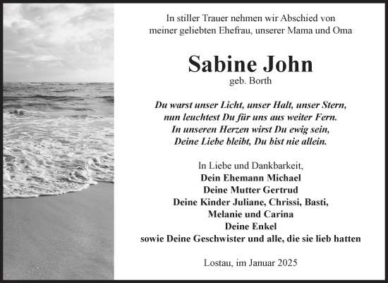 Traueranzeige von Sabine John von Volksstimme Burg/Genthin
