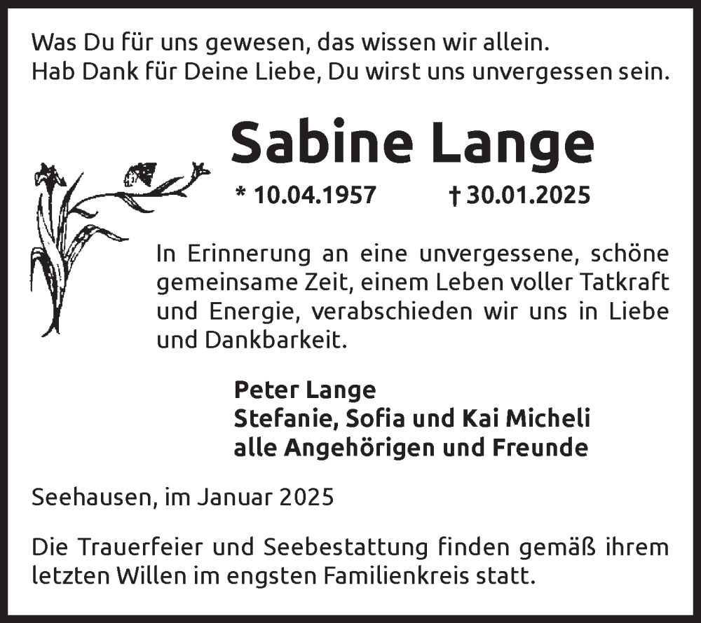 Traueranzeige für Sabine Lange vom 13.02.2025 aus Volksstimme Altmark Ost