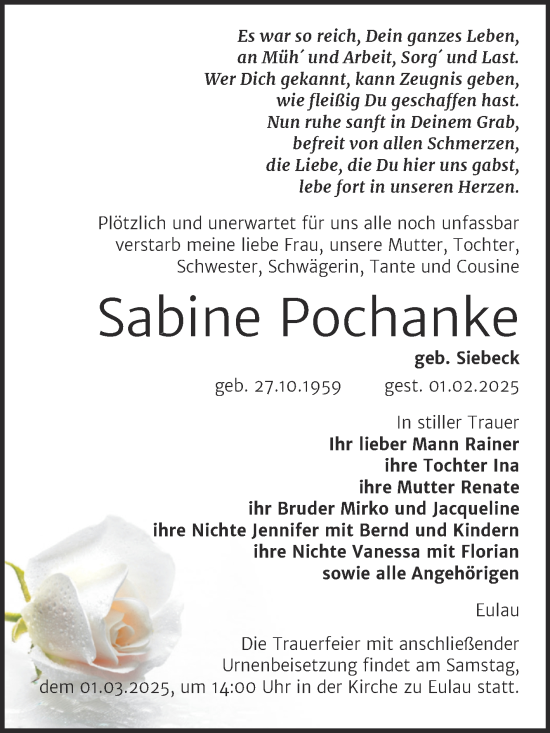 Traueranzeige von Sabine Pochanke von Super Sonntag Naumburg/Nebra