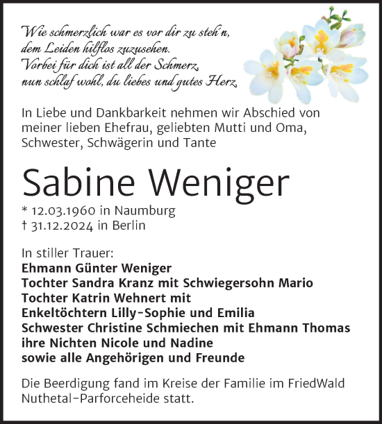 Traueranzeige von Sabine Weniger von Naumburger Tageblatt