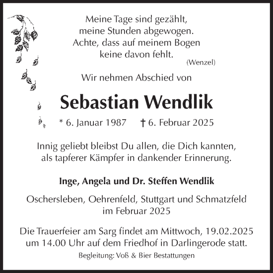 Traueranzeige von Sebastian Wendlik von Volksstimme Oschersleben/Wanzleben