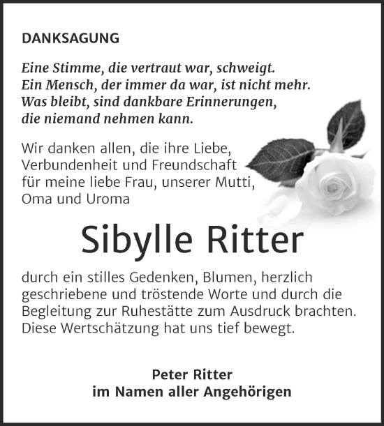 Traueranzeige von Sibylle Ritter von Trauerkombi Weißenfels