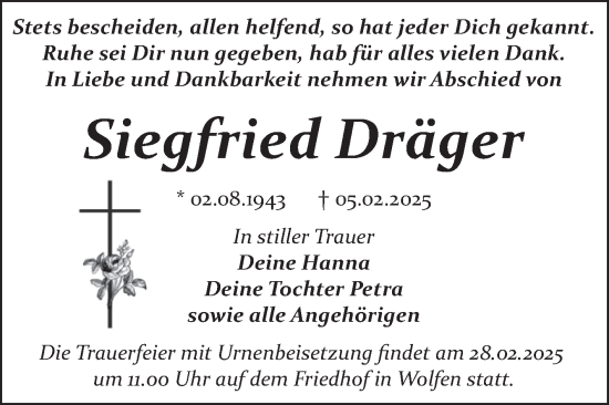 Traueranzeige von Siegfried Dräger von Trauerkombi Bitterfeld
