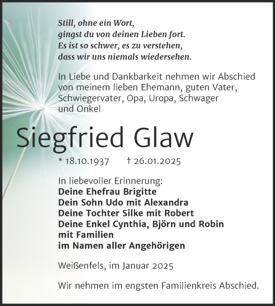 Traueranzeige von Siegfried Glaw von Trauerkombi Weißenfels