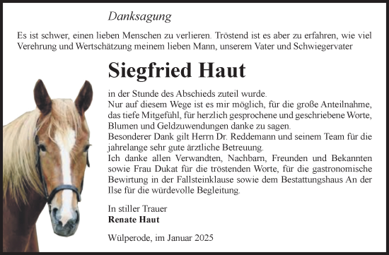 Traueranzeige von Siegfried Haut von Volksstimme Halberstadt