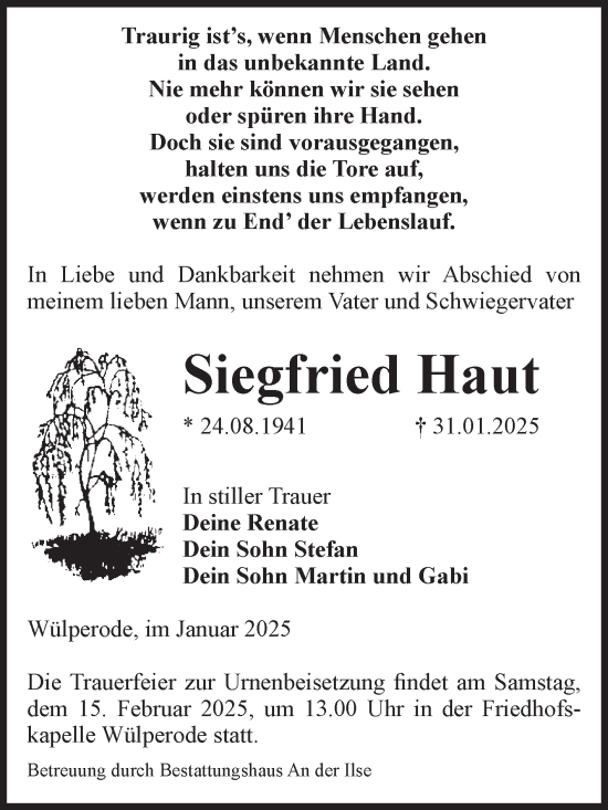 Traueranzeige von Siegfried Haut von Volksstimme Halberstadt