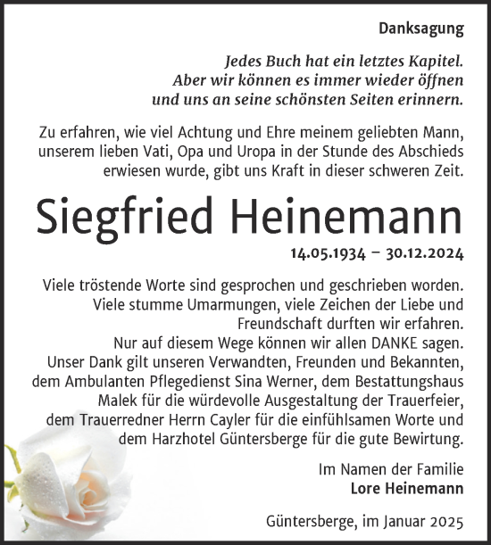 Traueranzeige von Siegfried Heinemann von Trauerkombi Quedlinburg