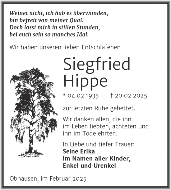 Traueranzeige von Siegfried Hippe von Trauerkombi Merseburg