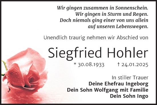 Traueranzeige von Siegfried Hohler von Super Sonntag Merseburg/Querfurt