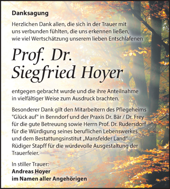 Traueranzeige von Siegfried Hoyer von Trauerkombi Mansfelder Land