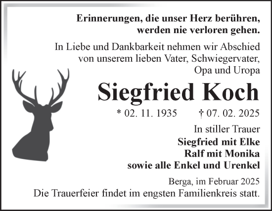 Traueranzeige von Siegfried Koch von Trauerkombi Sangerhausen