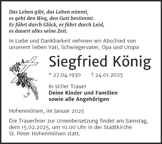 Traueranzeige von Siegfried König von Trauerkombi Weißenfels