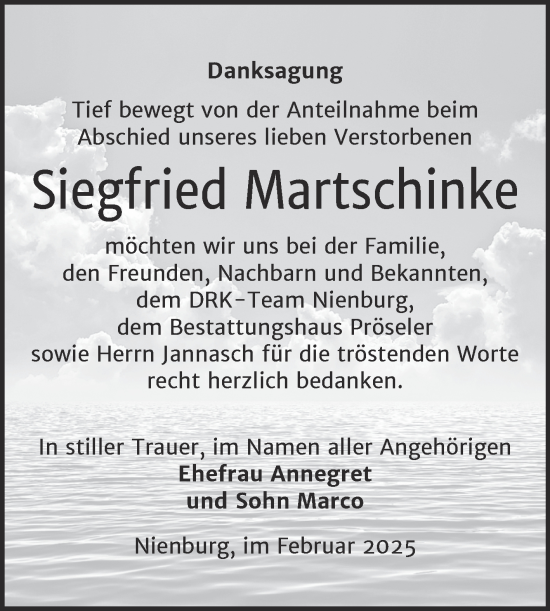 Traueranzeige von Siegfried Martschinke von Trauerkombi Bernburg